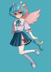 Size: 1600x2263 | Tagged: safe, alternate version, artist:manbanpai40688, derpibooru import, cozy glow, human, clothes, eared humanization, face framed in shadow, humanized, image, jpeg, shirt, skirt, solo, spread wings, tail, tailed humanization, winged humanization, wings