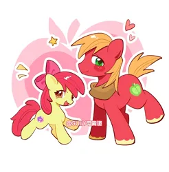 Size: 1596x1620 | Tagged: safe, artist:guiiy电离诡, derpibooru import, apple bloom, big macintosh, earth pony, pony, abstract background, adorabloom, brother and sister, cute, female, filly, foal, heart, image, looking at you, male, one eye closed, open mouth, outline, png, siblings, smiling, stallion, stars, text, white outline, wink