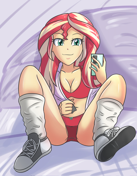 Size: 3178x4096 | Tagged: questionable, artist:sumin6301 edits, derpibooru import, edit, editor:mlplove, sunset shimmer, human, equestria girls, g4, bow underwear, bra, clothes, eyebrows, eyebrows visible through hair, female, high res, holding phone, image, jacket, looking at you, nudity, panties, phone, png, red bra, red panties, red underwear, selfie, shoes, simple background, sitting, smiling, smiling at you, socks, solo, solo female, spread legs, spreading, underwear, underwear edit, unzipped, vulva