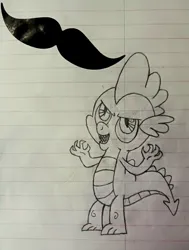 Size: 2625x3470 | Tagged: safe, artist:sewaddle36, derpibooru import, spike, dragon, g4, baby, baby dragon, derpibooru exclusive, devious smile, evil grin, facial hair, grin, image, jpeg, lined paper, male, moustache, pencil drawing, smiling, solo, sticker, traditional art