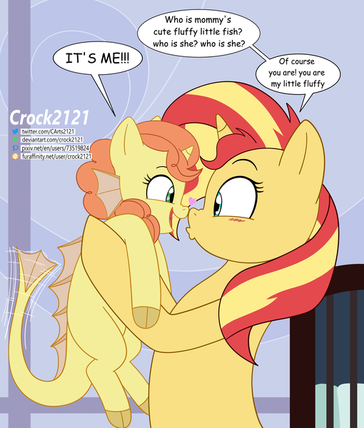 Size: 2420x2848 | Tagged: safe, artist:crock2121, derpibooru import, sunset shimmer, oc, half-siren, hybrid, pony, unicorn, g4, cute, dialogue, female, filly, foal, holding a pony, horn, image, interspecies offspring, magical lesbian spawn, mare, mother and child, mother and daughter, ocbetes, offspring, open mouth, open smile, parent:adagio dazzle, parent:sunset shimmer, parents:sunsagio, png, shimmerbetes, smiling, speech bubble, tail, tail wag