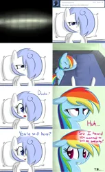 Size: 2562x4194 | Tagged: safe, artist:penguinpotential, derpibooru import, rainbow dash, oc, oc:frigid drift, pony, ask frigid drift, bed, hospital bed, image, png