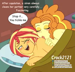 Size: 2395x2295 | Tagged: suggestive, artist:crock2121, derpibooru import, adagio dazzle, sunset shimmer, human, equestria girls, g4, bed, breasts, dialogue, duo, duo female, eyes closed, female, image, lesbian, licking, licking shoulder, nudity, on bed, one eye closed, png, remake, ship:sunsagio, shipping, speech bubble, sunsagio, text, tongue out