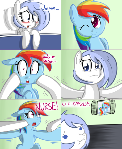 Size: 2562x3145 | Tagged: safe, artist:penguinpotential, derpibooru import, rainbow dash, oc, oc:frigid drift, pony, ask frigid drift, bed, blushing, hospital bed, image, one eye closed, png, wink