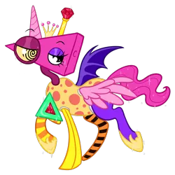 Size: 1200x1200 | Tagged: safe, artist:moondeer1616, derpibooru import, ponified, alicorn, ambiguous species, hybrid, object pony, original species, pony, toy pony, g4, ambiguous gender, animate object, bat wings, crossover, horn, image, jewelry, lidded eyes, living toy, png, regalia, simple background, solo, sparkles, the amazing digital circus, toy, transparent background, wings, zolo-toy, zooble