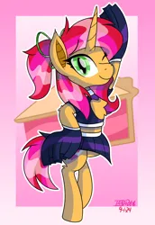 Size: 1706x2481 | Tagged: safe, artist:notadeliciouspotato, derpibooru import, oc, oc:strawberry filling, unofficial characters only, bat pony, hybrid, pony, unicorn, abstract background, bipedal, bow, cheerleader, cheerleader outfit, chest fluff, clothes, female, food, hair bow, hoof on hip, horn, image, mare, one eye closed, pie, png, pom pom, smiling, solo, wink