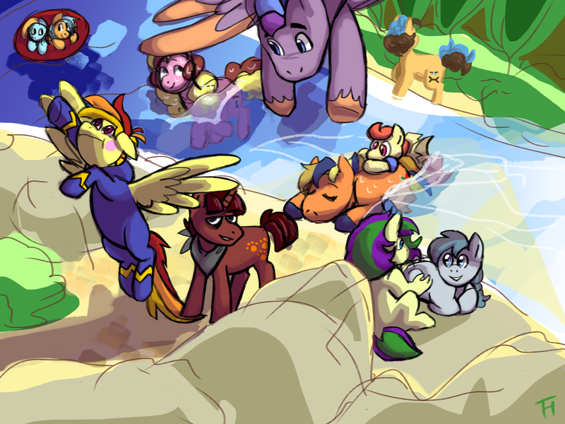 Size: 2048x1536 | Tagged: safe, artist:trottyhoof, derpibooru import, oc, oc:coren apples, oc:crosscut, oc:danny pie, oc:flashcard spark, oc:foggy pen, oc:gliden blue, oc:gliden orange, oc:moonshine (trottyhoof), oc:munster microphone, oc:noah, oc:sunspot, unofficial characters only, dracony, earth pony, hybrid, pegasus, pony, unicorn, adopted offspring, blush sticker, blushing, clothes, colt, female, filly, foal, horn, image, inner tube, interspecies offspring, magical lesbian spawn, male, next generation, offspring, parent:applejack, parent:carrot top, parent:cheese sandwich, parent:flash sentry, parent:fluttershy, parent:pinkie pie, parent:rainbow dash, parent:rarity, parent:rumble, parent:silver spoon, parent:soarin', parent:spike, parent:spitfire, parent:twilight sparkle, parents:cheesepie, parents:flashlight, parents:fluttertop, parents:rumblespoon, parents:soarinjack, parents:sparity, parents:spitdash, png, pool toy, river, uniform, water, wonderbolts uniform