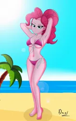 Size: 1293x2048 | Tagged: suggestive, artist:danielitamlp, derpibooru import, pinkie pie, human, equestria girls, g4, 2d, adorasexy, arm behind head, armpits, barefoot, beach, belly, belly button, bikini, bikini bottom, bikini top, breasts, busty pinkie pie, cleavage, clothes, crepuscular rays, curly hair, cute, feet, female, image, jpeg, legs, looking at you, midriff, ocean, outdoors, palm tree, ponytail, sand, sexy, sideboob, sky, smiling, smiling at you, solo, string bikini, stupid sexy pinkie, sun, swimsuit, toes, tree, underboob, water