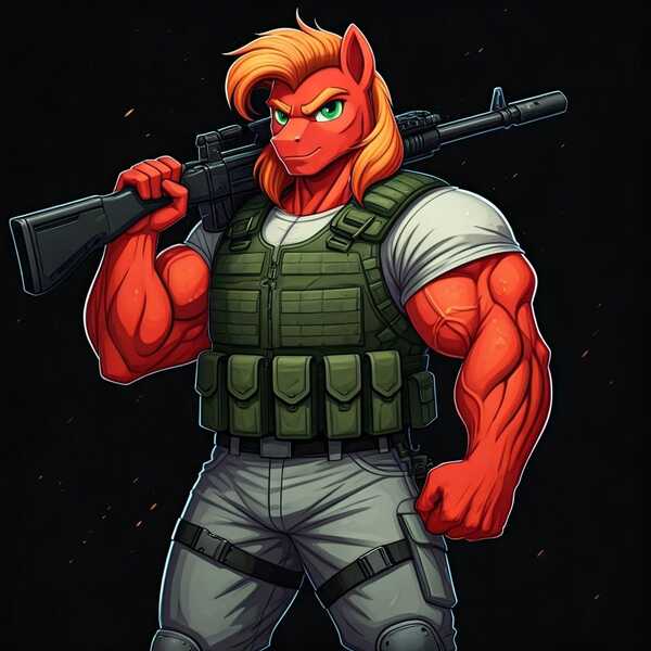 Size: 1024x1024 | Tagged: safe, ai content, derpibooru import, generator:google imagen 3.0, machine learning generated, prompter:zerowinger, big macintosh, anthro, earth pony, g4, black background, clothes, cosplay, costume, g.i. joe, great macintosh, gun, image, jpeg, machine gun, male, muscles, roadblock, simple background, solo, weapon