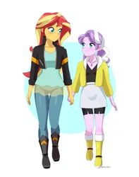 Size: 963x1225 | Tagged: safe, artist:riouku, derpibooru import, diamond tiara, sunset shimmer, human, equestria girls, g4, blushing, boots, bracelet, clothes, commission, compression shorts, dress, duo, duo female, female, high heel boots, holding hands, image, jacket, jewelry, leather, leather jacket, looking at each other, looking at someone, looking down, looking up, necklace, png, shoes, simple background, skirt, solo, white background