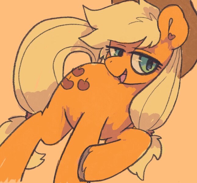 Size: 1679x1563 | Tagged: safe, artist:numetalalicorn, derpibooru import, applejack, earth pony, pony, g4, applejack's hat, cowboy hat, female, hat, heart, heart eyes, image, jpeg, lidded eyes, looking at you, mare, open mouth, open smile, orange background, simple background, smiling, smiling at you, solo, tied hair, unshorn fetlocks, wingding eyes