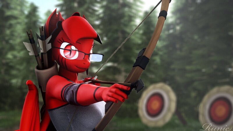 Size: 1920x1080 | Tagged: safe, artist:runic_the_wolf, ponerpics import, oc, oc:runic, unofficial characters only, anthro, 3d, arrow, bow (weapon), bow and arrow, breasts, clothes, glasses, image, jpeg, weapon