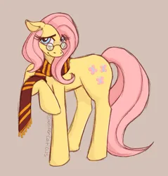 Size: 1373x1435 | Tagged: safe, artist:wolfencaticus, derpibooru import, fluttershy, pony, g4, clothes, cosplay, costume, crossover, eyebrows, eyebrows visible through hair, female, floppy ears, glasses, gray background, harry potter, harry potter (series), image, jpeg, looking at you, mare, raised hoof, scarf, signature, simple background, smiling, smiling at you, solo, wingless