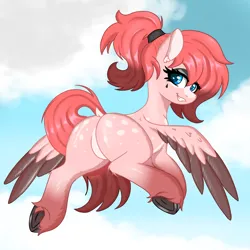 Size: 3000x3000 | Tagged: safe, artist:marbatra, derpibooru import, pegasus, butt, coat markings, dock, featureless crotch, female, flying, goth, grin, image, looking back, png, ponytail, rear view, smiling, solo, tail, unshorn fetlocks, wings