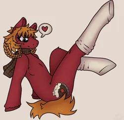 Size: 828x797 | Tagged: safe, artist:firecrackercove, ponerpics import, oc, oc:foxwhelp, unofficial characters only, earth pony, pony, braid, brown eyes, clothes, commission, female, foxwhelp, ginger mane, heart, image, jpeg, mare, photo, raised leg, red coat, scarf, sitting, sitting like human, socks, solo