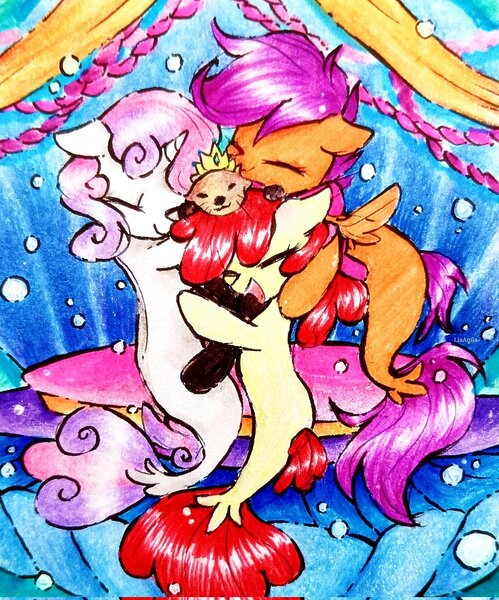 Size: 1703x2048 | Tagged: safe, artist:liaaqila, derpibooru import, apple bloom, scootaloo, sweetie belle, otter, seapony (g4), bubble, crown, cutie mark crusaders, eyes closed, hug, image, jewelry, jpeg, regalia, sea-mcs, seaponified, seapony apple bloom, seapony scootaloo, seapony sweetie belle, species swap, throne, underwater, water