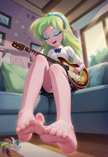 Size: 2496x3648 | Tagged: suggestive, ai content, derpibooru import, machine learning generated, prompter:trux23, lemon zest, human, equestria girls, g4, air guitar, blurry background, breasts, couch, electric guitar, eyes closed, feet, female, fetish, foot fetish, front view, guitar, image, indoors, jpeg, low angle, musical instrument, playing instrument, sitting, solo, toes, wiggling toes