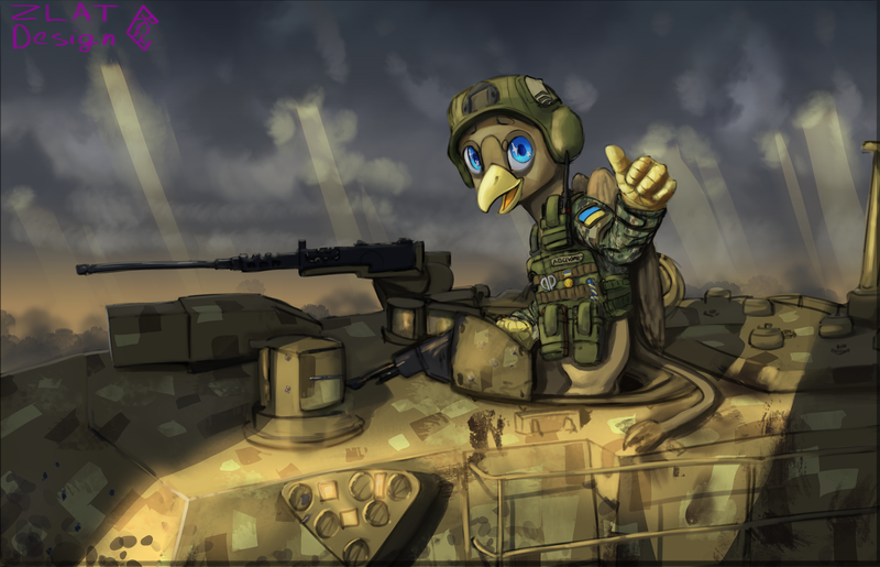 Size: 5223x3363 | Tagged: safe, artist:zlatdesign, derpibooru import, tank, oc, oc:oleksander clawkiv, gryphon, abrams, clothes, cloud, cloudy, gun, helmet, image, military, military uniform, png, thumbs up, uniform, weapon