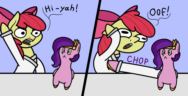 Size: 2048x1045 | Tagged: safe, artist:ewoudcponies, derpibooru import, apple bloom, pipp petals, earth pony, pegasus, pony, g4, g5, 2 panel comic, clothes, comic, dialogue, duo, duo female, female, filly, foal, gi, image, mare, png, wat