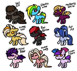 Size: 2820x2616 | Tagged: safe, artist:sexygoatgod, derpibooru import, oc, oc:electric vibe, oc:frizzle frazzle, oc:mind blast, oc:mulberry spritz, oc:pop pip, oc:red barren, oc:soil sift, oc:sunny side, oc:sweet song, unofficial characters only, pony, adoptable, female, image, male, png, simple background, transparent background