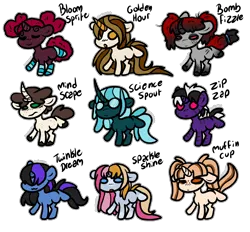 Size: 2820x2616 | Tagged: safe, artist:sexygoatgod, derpibooru import, oc, oc:bloom sprite, oc:bomb fizzle, oc:golden hour, oc:mind scape, oc:muffin cup, oc:science spout, oc:sparkle shine, oc:twinkle dream, oc:zip zap, unofficial characters only, pony, adoptable, female, image, male, png, simple background, transparent background