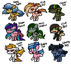 Size: 2820x2616 | Tagged: safe, artist:sexygoatgod, derpibooru import, oc, oc:bubble pop, oc:click bait, oc:clover top, oc:comet trail, oc:dream prancer, oc:gloomy day, oc:happy puddle, oc:moss shadow, oc:slick slip, unofficial characters only, pony, adoptable, female, image, male, png, simple background, transparent background