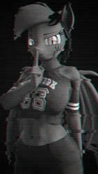 Size: 1080x1920 | Tagged: safe, artist:runic_the_wolf, ponerpics import, oc, oc:runic, unofficial characters only, anthro, bat pony, 3d, bat pony oc, bat wings, breasts, clothes, female, finger on mouth, image, jpeg, looking at you, monochrome, wings