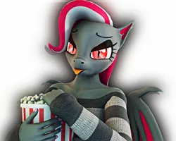 Size: 2048x1638 | Tagged: safe, artist:runic_the_wolf, ponerpics import, oc, oc:miabat, unofficial characters only, anthro, bat pony, 3d, bat pony oc, bat wings, breasts, clothes, female, food, image, jpeg, popcorn, tongue out, wings