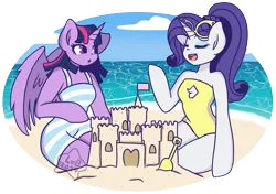 Size: 4664x3280 | Tagged: safe, artist:lolitablue, derpibooru import, rarity, twilight sparkle, twilight sparkle (alicorn), alicorn, semi-anthro, arm hooves, beach, clothes, duo, image, ocean, png, sandcastle, signature, swimsuit, water