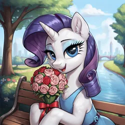 Size: 1024x1024 | Tagged: safe, ai content, derpibooru import, machine learning generated, prompter:thelight3d, stable diffusion, rarity, g4, bench, clothes, dress, flower, generator:pony diffusion v6 xl, image, jpeg, makeup, river, water