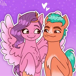 Size: 2048x2048 | Tagged: safe, artist:the-fucking-cannibal, derpibooru import, hitch trailblazer, pipp petals, earth pony, pegasus, pony, g5, chest fluff, duo, duo male and female, female, friendshipping, heart, high res, image, jpeg, looking at each other, looking at someone, male, mare, not shipping, outline, spread wings, stallion, white outline, wings