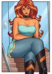 Size: 424x600 | Tagged: safe, artist:nire, derpibooru import, edit, sunset shimmer, equestria girls, g4, bare shoulders, boots, bracelet, breasts, busty sunset shimmer, choker, cleavage, clothes, confident, crossed legs, denim, dress, eyeshadow, fixed head, freckles, image, jeans, jpeg, leather, leather boots, makeup, nail polish, outdoors, pants, passepartout, peppered bacon, shoes, sitting, smiling, spiked choker, spiked wristband, stairs, stupid sexy sunset shimmer, tan, thighs, thunder thighs, wide hips, wristband