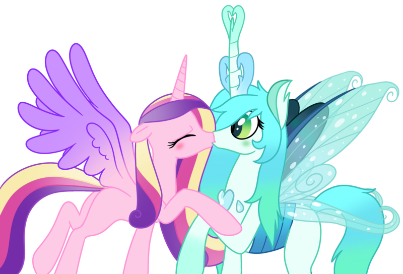 Size: 2147x1459 | Tagged: safe, artist:fillyfool, derpibooru import, princess cadance, queen chrysalis, alicorn, changedling, changeling, pony, g4, blushing, cadalis, duo, eyelashes, eyes closed, female, floppy ears, flying, gradient mane, gradient tail, green blush, green eyes, height difference, holding, horn, image, infidelity, insect wings, kiss on the lips, kissing, lesbian, mare, png, purified chrysalis, raised hoof, raised leg, shipping, simple background, spread wings, tail, transparent background, wide eyes, wings