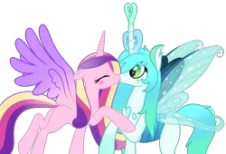 Size: 2147x1459 | Tagged: safe, artist:fillyfool, derpibooru import, princess cadance, queen chrysalis, alicorn, changedling, changeling, pony, g4, blushing, cadalis, duo, eyelashes, eyes closed, female, floppy ears, flying, gradient mane, gradient tail, green blush, green eyes, height difference, holding, horn, image, infidelity, insect wings, kiss on the lips, kissing, lesbian, mare, png, purified chrysalis, raised hoof, raised leg, shipping, simple background, spread wings, tail, transparent background, wide eyes, wings