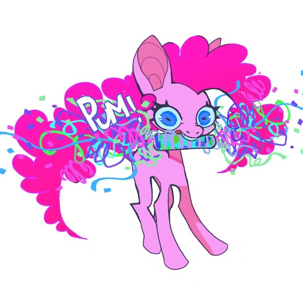 Size: 908x877 | Tagged: safe, artist:cutesykill, derpibooru import, pinkie pie, earth pony, pony, g4, big ears, blue eyes, blue sclera, colored pinnae, colored sclera, concave belly, confetti, curly mane, curly tail, eyelashes, female, image, jpeg, long legs, mare, missing cutie mark, mouth hold, onomatopoeia, pink coat, pink mane, pink tail, rectangular pupil, simple background, slender, solo, tail, teeth, thin, thin legs, three quarter view, white background, wide eyes