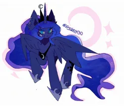 Size: 2126x1812 | Tagged: safe, artist:emoboy130, derpibooru import, princess luna, alicorn, pony, g4, abstract background, bandaid, blue eyes, blue eyeshadow, colored pinnae, crown, ear fluff, ear piercing, earring, ethereal mane, eyelashes, eyeshadow, female, flying, frown, hoof shoes, horn, image, jewelry, jpeg, long eyelashes, long horn, long mane, long tail, makeup, mare, partially open wings, peytral, piercing, princess shoes, raised hoof, regalia, signature, solo, sparkles, starry mane, starry tail, tail, three quarter view, tiara, two toned mane, two toned tail, unicorn horn, wavy mane, wavy tail, wings