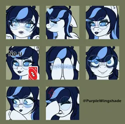 Size: 3000x2979 | Tagged: safe, artist:purple wingshade, derpibooru import, oc, oc:misty days, fairy, pony, angry, annoyed, blushing, ear piercing, emoji, emotes, glasses, heart, image, kiss mark, kissing, lipstick, piercing, png, solo, stare