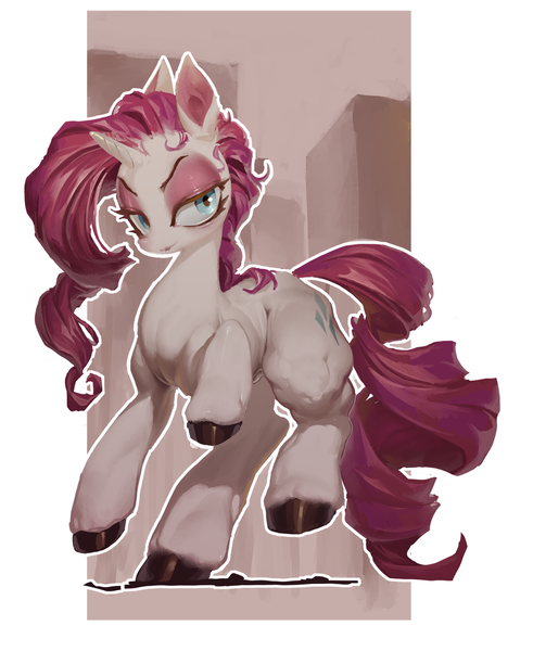 Size: 1158x1414 | Tagged: safe, alternate version, artist:derekireba, derpibooru import, rarity, pony, unicorn, abstract background, female, full body, hooves, horn, image, lidded eyes, lipstick, looking at you, makeup, mare, png, solo, solo female, standing, standing on one leg, unshorn fetlocks