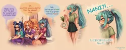 Size: 5617x2235 | Tagged: safe, artist:polnocnykot, derpibooru import, adagio dazzle, aria blaze, sonata dusk, human, equestria girls, g4, 3 panel comic, 7-eleven, angry, antagonist, awkward, awkward moment, awkward smile, bag, blue eyes, blue hair, blush lines, blushing, bow, clothes, comic, crossover, denim, dialogue, disguise, disguised siren, emanata, female, females only, food, fountain, frown, group, hair bow, happy, hatsune miku, image, japanese, jeans, jpeg, leek, moon runes, my little pony equestria girls: rainbow rocks, nani, open mouth, open smile, pants, pigtails, profile, sarcasm, sarcastic, shirt, sitting, skirt, smiling, speech bubble, standing, t-shirt, taco, talking, text, the dazzlings, thinking, trio, unamused, vocaloid