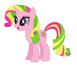 Size: 493x424 | Tagged: safe, artist:selenaede, artist:user15432, derpibooru import, lulu luck, pony, unicorn, g4, base used, generation leap, horn, image, multicolored mane, multicolored tail, not rarity, open mouth, open smile, pink coat, png, purple eyes, rarity hair, recolor, simple background, smiling, solo, tail, transparent background