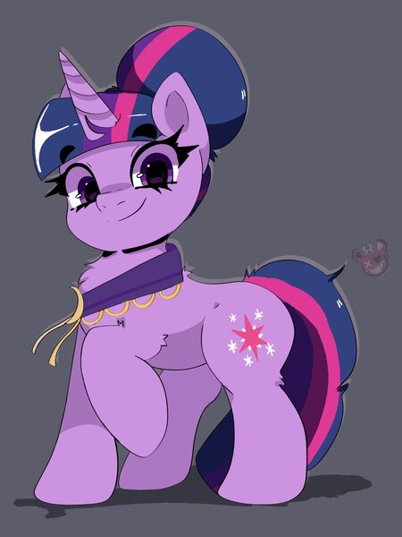 Size: 1536x2048 | Tagged: safe, artist:galaxynightt, derpibooru import, twilight sparkle, pony, unicorn, g4, alternate hairstyle, eyebrows, eyebrows visible through hair, female, gray background, hair bun, horn, image, jpeg, looking at you, mare, raised hoof, simple background, smiling, smiling at you, solo, tail, unicorn twilight