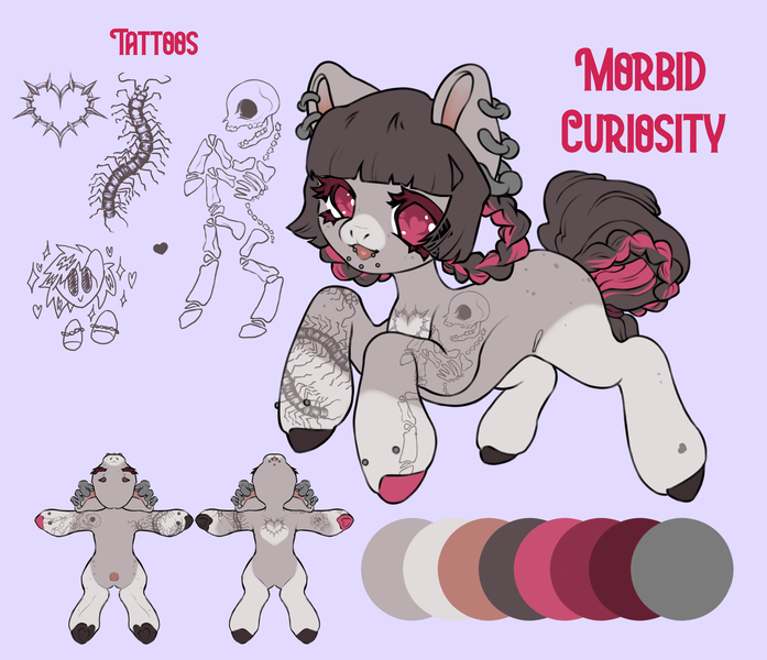 Size: 3641x3136 | Tagged: safe, alternate version, artist:m0rbidmare, derpibooru import, oc, oc:morbidcuriosity, earth pony, colored, ear piercing, flat colors, image, leg piercing, piercing, png, reference sheet, solo, tattoo