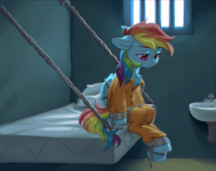 Size: 3000x2380 | Tagged: safe, artist:ls_skylight, derpibooru import, rainbow dash, bound wings, chained, chains, clothes, image, jail, jail cell, png, prison, prison cell, prison outfit, prisoner, prisoner rd, shackles, wings