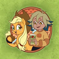 Size: 2048x2048 | Tagged: safe, artist:sophie scruggs, derpibooru import, part of a set, earth pony, pony, g4, spoiler:the owl house, applejack's hat, cider, cider mug, cowboy hat, duo, duo female, female, freckles, hat, high res, humanoid, image, jpeg, mare, mug, open mouth, open smile, smiling, the owl house, vee