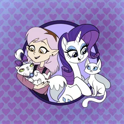 Size: 2048x2048 | Tagged: safe, artist:sophie scruggs, derpibooru import, part of a set, opalescence, rarity, cat, pony, unicorn, g4, spoiler:the owl house, abstract background, amity blight, bow, duo, duo female, ear piercing, eyeshadow, female, ghost (the owl house), hair bow, heart, horn, humanoid, image, jpeg, makeup, mare, open mouth, open smile, palisman, patterned background, pet, piercing, smiling, the owl house, witch