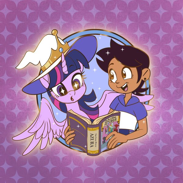 Size: 2048x2048 | Tagged: safe, artist:sophie scruggs, derpibooru import, part of a set, twilight sparkle, twilight sparkle (alicorn), alicorn, human, pony, g4, spoiler:the owl house, abstract background, book, clothes, duo, duo female, ear piercing, female, hat, horn, image, jpeg, luz noceda (the owl house), mare, open mouth, open smile, patterned background, piercing, smiling, sparkles, sparkly eyes, spread wings, the good witch azura, the owl house, wingding eyes, wings, witch, witch hat