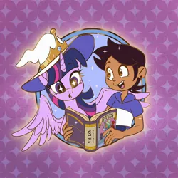 Size: 2048x2048 | Tagged: safe, artist:sophie scruggs, derpibooru import, part of a set, twilight sparkle, twilight sparkle (alicorn), alicorn, human, pony, g4, spoiler:the owl house, abstract background, book, clothes, duo, duo female, ear piercing, female, females only, hat, horn, image, jpeg, luz noceda (the owl house), mare, open mouth, open smile, patterned background, piercing, smiling, sparkles, sparkly eyes, spread wings, the good witch azura, the owl house, wingding eyes, wings, witch, witch hat