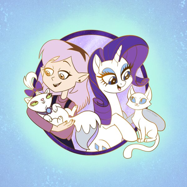 Size: 2048x2048 | Tagged: safe, alternate version, artist:sophie scruggs, derpibooru import, part of a set, opalescence, rarity, cat, pony, unicorn, g4, spoiler:the owl house, amity blight, bow, duo, duo female, ear piercing, eyeshadow, female, ghost (the owl house), hair bow, heart, horn, humanoid, image, jpeg, makeup, mare, open mouth, open smile, palisman, pet, piercing, smiling, the owl house, witch