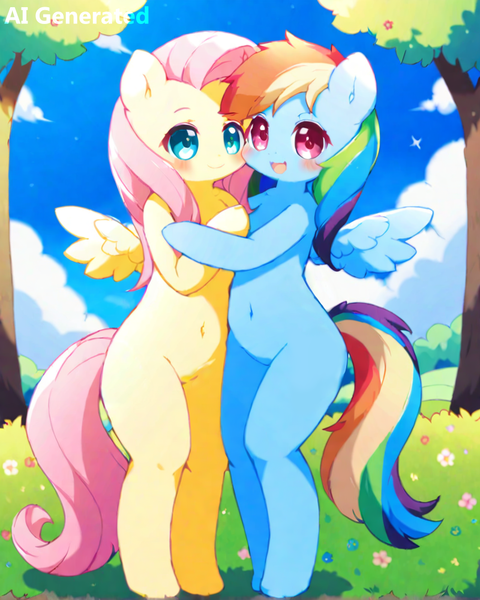 Size: 800x1000 | Tagged: safe, ai content, derpibooru import, machine learning generated, prompter:darkfire681, stable diffusion, fluttershy, rainbow dash, pegasus, pony, semi-anthro, g4, bipedal, cute, daaaaaaaaaaaw, dashabetes, duo, duo female, female, image, png, shyabetes