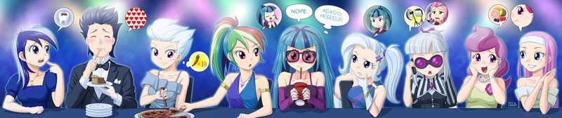 Size: 3808x800 | Tagged: safe, artist:uotapo, color edit, derpibooru import, edit, editor:overlord 2, cup cake, fleetfoot, lotus blossom, minuette, photo finish, rainbow dash, sonata dusk, trixie, equestria girls, g4, clothes, colored, cute, food, gloves, image, jpeg, pizza, skin color edit, toothpaste